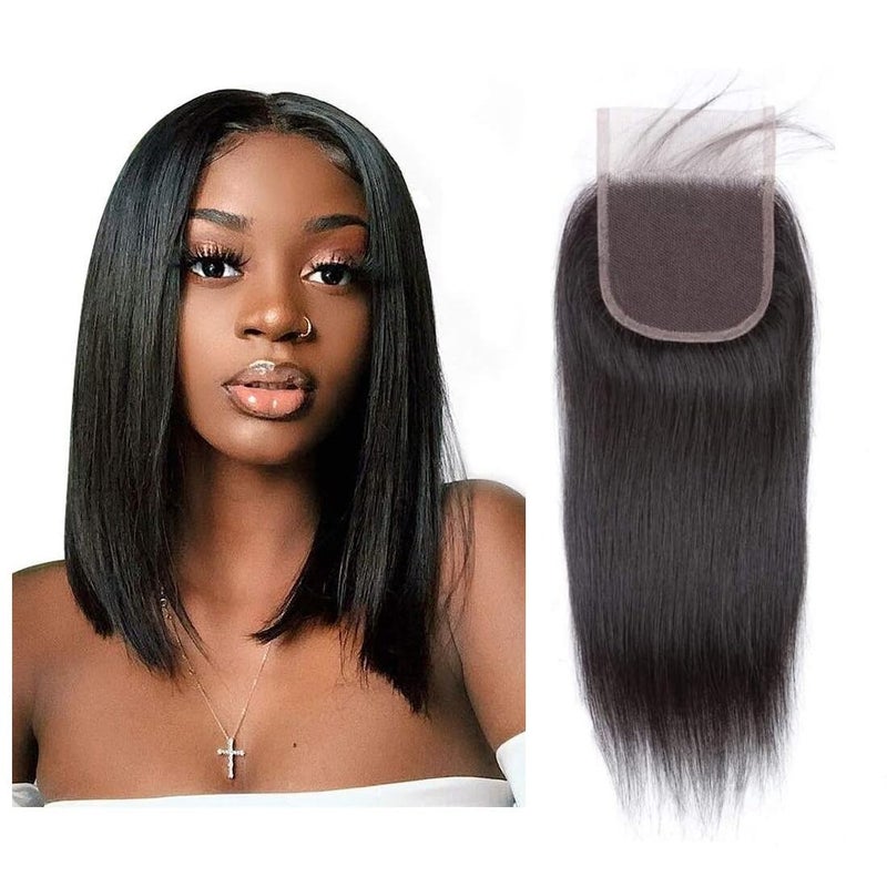 Selina Straight 4x4 HD Lace Closure Human Hair Brazilian Virgin Hair Free Part Natural Black Color 14 Inch - Image 1